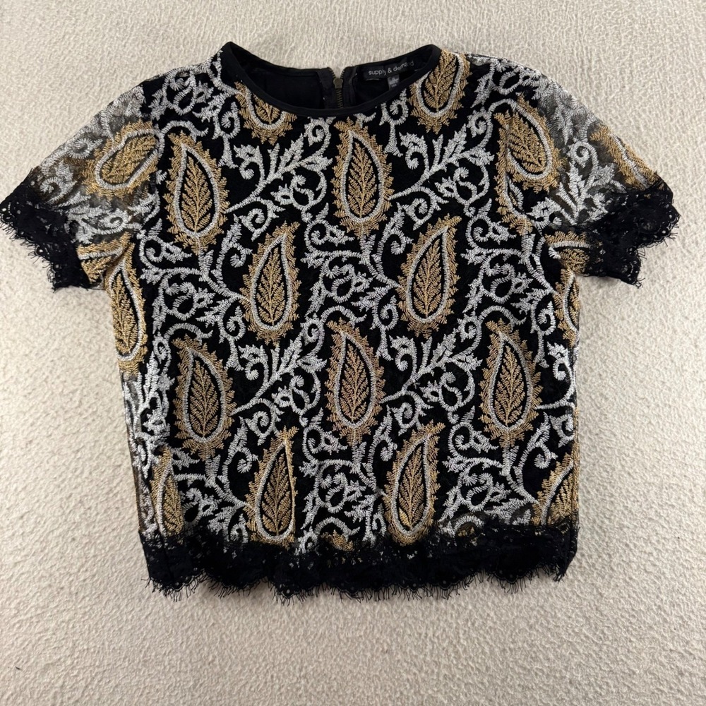 Supply & Demand Paisley Embroidered Crop Top Womens Small Black Gold Silver EXCL
